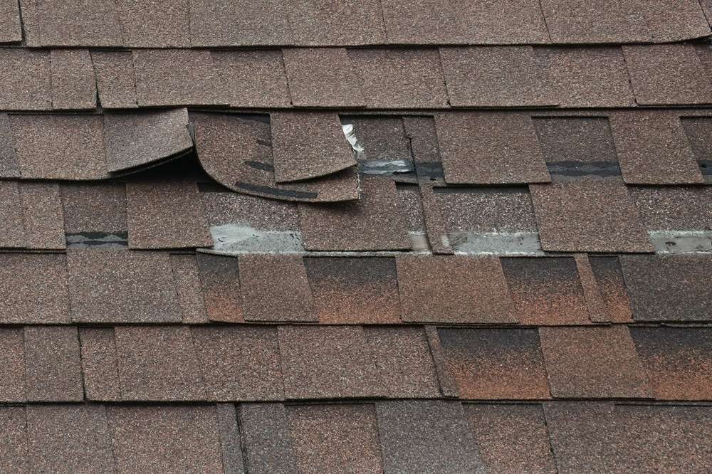 Damaged shingles after a storm.